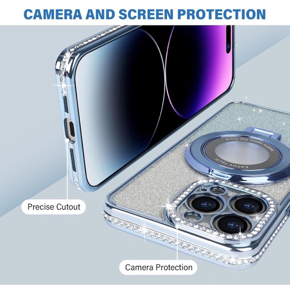 iPhone 15 pro Max Luxury Glitter Phone Case with Ring Holder - Silver and bule - Picture 2 of 6